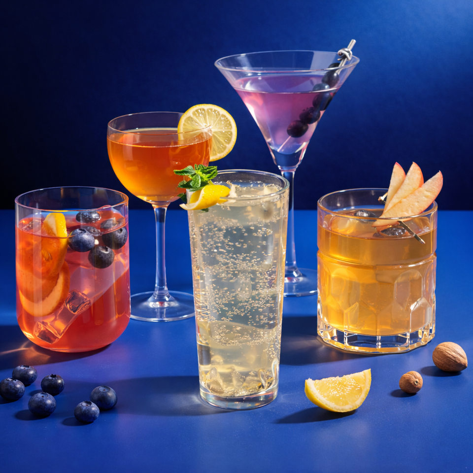 Fluid Code official mixlist cover: five colorful drinks with citrus and berries against a vivid blue backdrop.