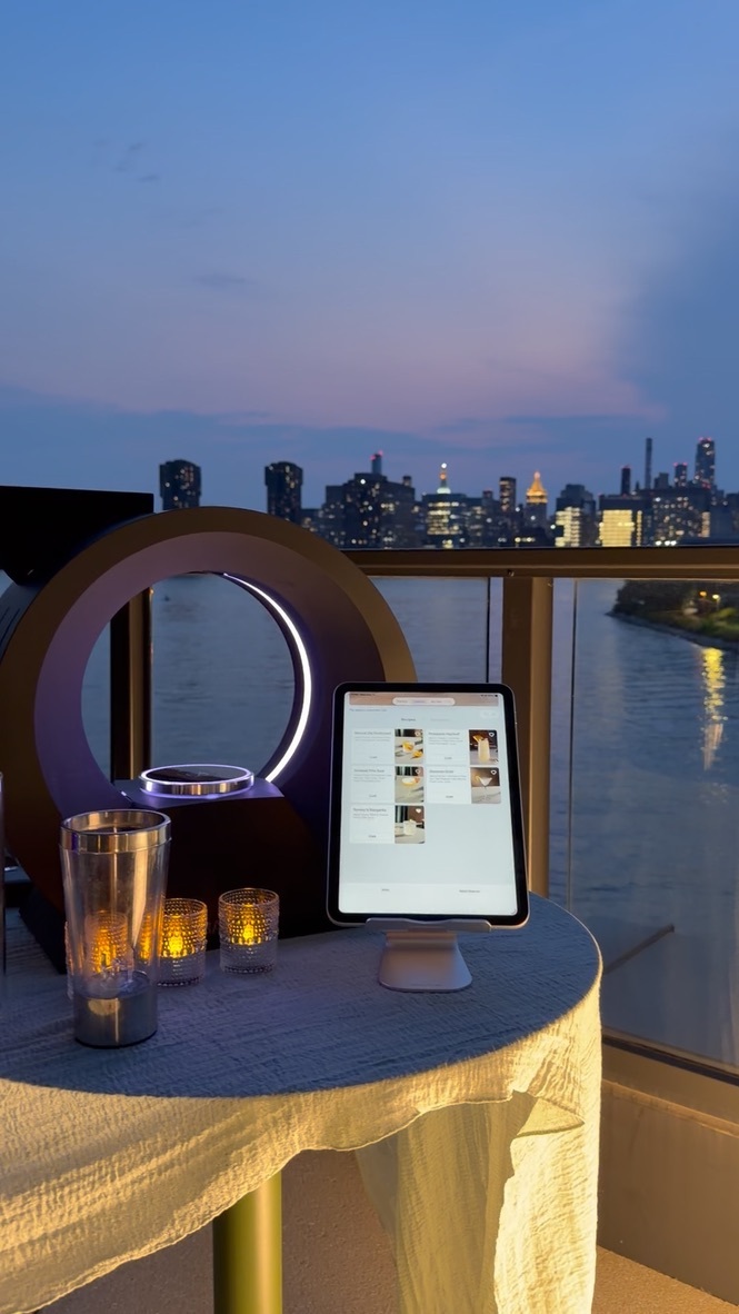 Barsys 360 AI cocktail machine on NYC rooftop at dusk